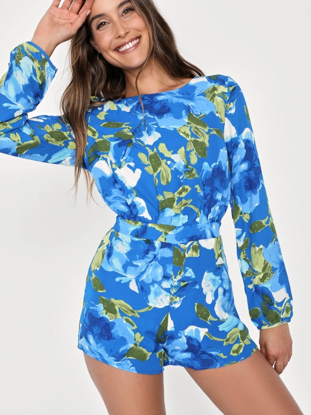 Lulu's Blue Floral Long-Sleeve Romper with Green Accents